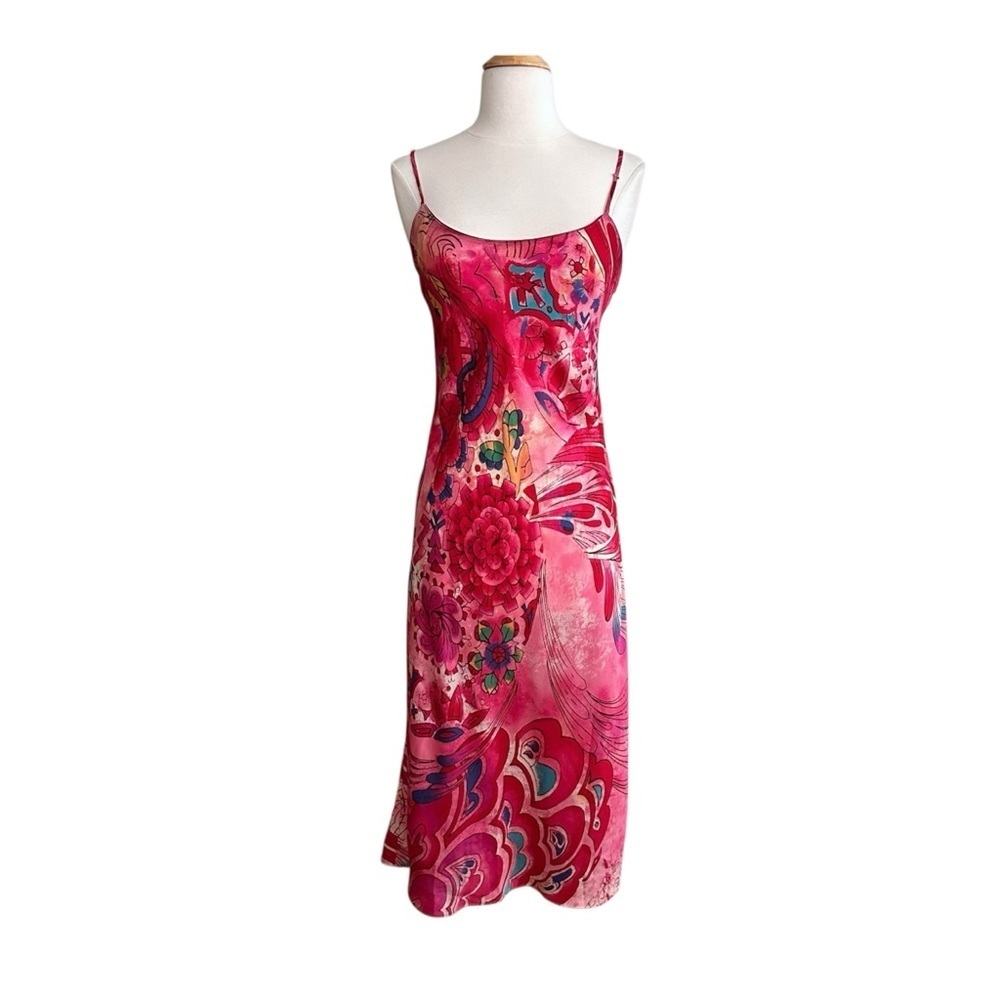 NATORI Pink Watercolor Floral‎ MIDI Slip Dress Artsy Boho Y2K Glam Loungewear S